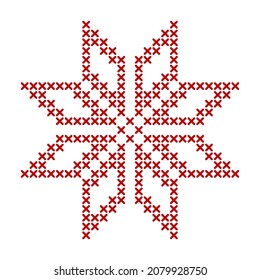 Scandinavian knitting pattern. Geometric redwork ornament for snowflake star embroidery. Perfect for Christmas cross-stitch design. Vector illustration