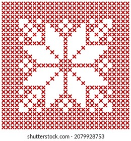 Scandinavian knitting pattern. Geometric redwork ornament for snowflake star embroidery. Perfect for Christmas cross-stitch design. Vector illustration