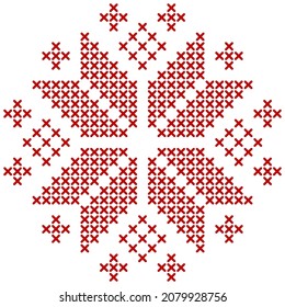Scandinavian knitting pattern. Geometric redwork ornament for snowflake star embroidery. Perfect for Christmas cross-stitch design. Vector illustration