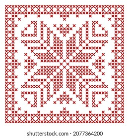 Scandinavian knitting pattern. Traditional biscornu design - geometric redwork ornament for embroidery. Perfect for Christmas cross-stitch border, frame design. Vector illustration