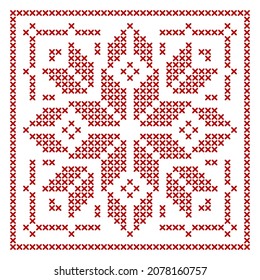 Scandinavian knitting pattern. Traditional biscornu design - geometric redwork ornament for embroidery. Perfect for Christmas cross-stitch border, frame design. Vector illustration