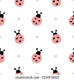 Scandinavian Ladybug pattern, vector seamless wrapping paper or cute baby design. Ladybird decorative fabric with funny insects on white background. Cartoon kids textile ornament repeat ladybug text