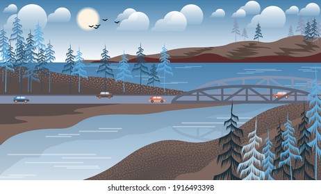 scandinavian landscape. cars drive across the bridge over the river flowing among the banks with coniferous trees against the background of the bay, the sky with the sun, clouds, flying birds. vector 