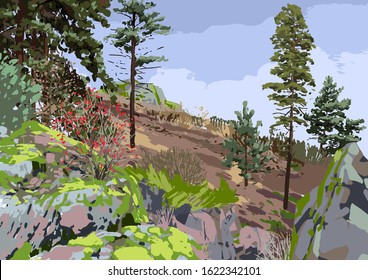 Scandinavian landscape with coniferous trees and bushes on the rocky hills. Vector natural illustration