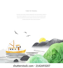 Scandinavian landscape with fishing ship, hills and sea. Travel vector template. Romantic watercolor Illustration on isolated on white background. All elements are individual objects