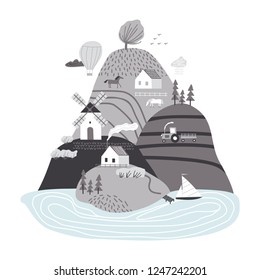 Scandinavian landscape. Hand drawn vector abstract scandinavian graphic illustration with houses, trees and hills. Cute landscape.