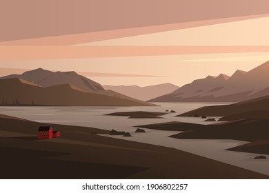 Scandinavian landscape, house in the mountains, vector illustration. Norwegian fjord at sunset, beautiful Nordic nature landscape in flat style. Lonely cabin on a hill, sunrise river travel view