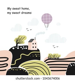 Scandinavian landscape. A lonely little house on a hill. Flight in a hot air balloon. Bright childish landscape.