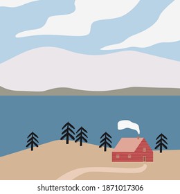 Scandinavian landscape red house, sea, winter, mountains, hills, fjord, pine trees. Minimalist Nordic nature illustration, vector background