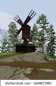 Scandinavian landscape with traditional wooden mill in the rocky hills, surrounded by coniferous trees. Finland, Helsinki, Seurasaari. Vector illustration