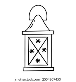 Scandinavian lantern with snowflakes. Black and white vector isolated illustration hand drawn doodle. Cozy flashlight single vintage element for home. Winter rime, Christmas vibe