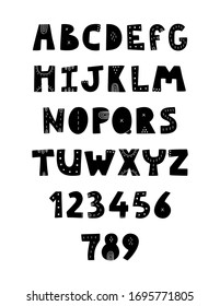 Scandinavian lettering, modern style alphabet with numerals. Nursery poster on the white isolated background. Vector illustration. 