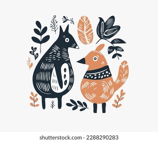 Scandinavian line logo bird abstract ethno postcard