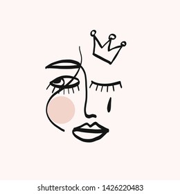 Scandinavian linear abstract simple face. Woman face with crown. Queen girl power concept. Minimalistic graphic female symbol. Abstract contemporary art. 