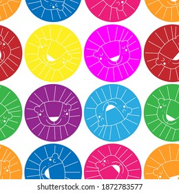 Scandinavian lion and colorful bright circles seamless pattern. Vector illustration doodle style
