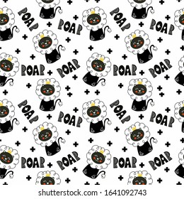 Scandinavian lion with mane and crown, isolated vector on white background with stars and roar inscription. For printing on children's clothing, posters and postcards.