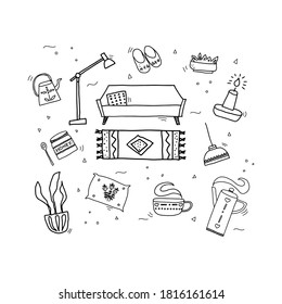 Scandinavian living, Hygge lifestyle concept art hand drawn doodle illustration. Slow living concept art. Comfy living
