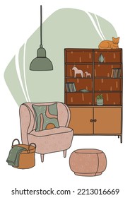Scandinavian living room interior. Stylish armchair, chest of drawers, lamp and pieces of furniture. Cozy interior with a cat. Vector illustration with hygge style furniture. Simple, flat design.