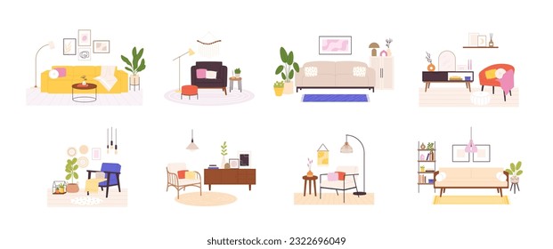 Scandinavian living room interiors with furniture, chairs and tables. Minimalist design, home interior decor. Style apartment racy vector scenes