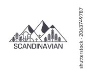 The Scandinavian logo. Scandinavian landscape in flat style. Green mountains, northern nature, forests and fir trees