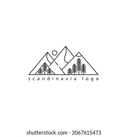 The Scandinavian logo. Scandinavian landscape in flat style. Green mountains, northern nature, forests and fir trees
