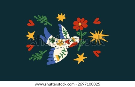Scandinavian love pattern with folk flowers hearts and animal bird. Ceramic and pottery surface patterns