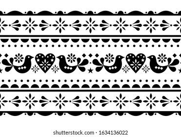 Scandinavian love, Valentine's Day folk art seamless vector long pattern, floral cute Nordic design with birds, hearts and flowers. Scandi style romantic textile design or frame in black on white 