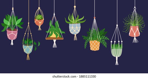 Scandinavian macrame plant. Boho home interior decor. Isolated on dark background. Vector hand drawn illustration.