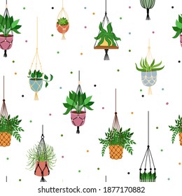 Scandinavian macrame plant Seamless Pattern. Boho home interior decor. Isolated on white background. Vector hand drawn illustration.