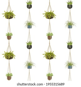 Planta de macrame escandinava sin fisuras. Decoración casera moderna con plantas. Flor en la olla. Diseño para textil, papel pintado, papel de envoltura. Ilustración del vector aislada en fondo blanco