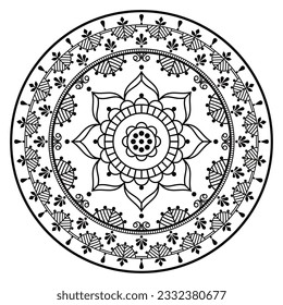 Skandinavische Mandala mit Blumen und Blättern Vektorstickereikunst Stil - perfekt für Grußkarten oder Hochzeitseinladung in Schwarz-Weiß. Retro florale runde monochrome Dekoration, wiederholend