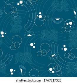 Skandinavisches abstraktes Muster mit Wellen und Fischen. Geometrisches, nahtloses Muster auf blauem Hintergrund.
