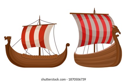 Scandinavian Marine Vessels or Viking Ship with Dragon Head Vector Set