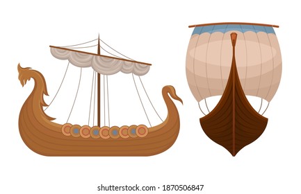 Scandinavian Marine Vessels or Viking Ship with Dragon Head Vector Set