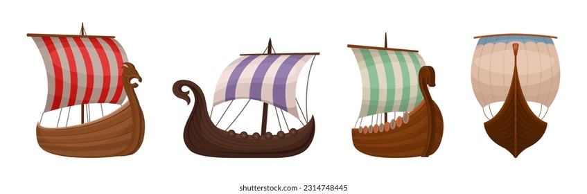 Scandinavian Marine Vessels or Viking Ship with Dragon Head Vector Set