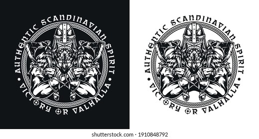 Scandinavian medieval warrior round emblem with strong bearded viking in helmet holding axes in monochrome vintage style isolated vector illustration