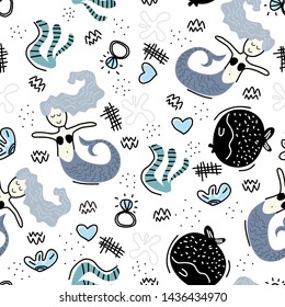 Scandinavian mermaid seamless pattern hand drawn childish drawing style