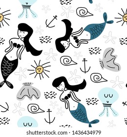 Scandinavian mermaid seamless pattern hand drawn childish drawing style