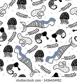 Scandinavian mermaid seamless pattern hand drawn childish drawing style