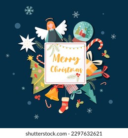 Scandinavian Merry Christmas. Happy design element for greeting postcard for winter holidays and festivals, New Year. Culture and traditions. Box, bell and sock. Cartoon flat vector illustration