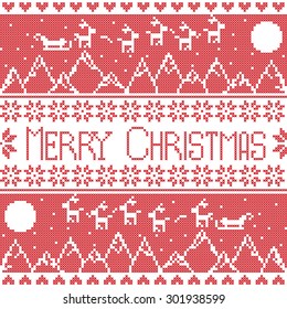 Scandinavian Merry xmas seamless nordic pattern with winter mountains view, reindeer, stars, snowflakes, hearts, sleigh, moon, snow In red cross stitch 
