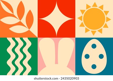 Scandinavian minimal 20s geometric Happy Easter Day design abstract background, posters, vector template with primitive shapes elements, modern hipster style