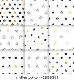 Scandinavian minimal pattern with stars. Seamless gold and black patterns, hand drawn in black ink. Perfect for gift wrapping or printing on fabric.