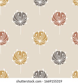 Scandinavian minimalist seamless pattern with hand drawn blooming fennel grass. Abstract spots and simple doodle lines in a pastel palette. Vector background for textile, fabric, wrappers