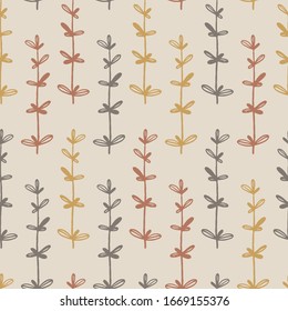 Scandinavian minimalist seamless pattern with hand-drawn grass. Simple sketch doodle lines in pastel palette. Vector background for textile, fabric, wrappers.