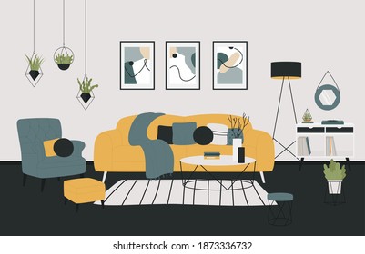 Scandinavian minimalistic style home cozy living room vector illustration. Trendy furnished stylish interior design with decoration