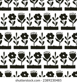 Scandinavian modern art seamless pattern of flowers in flower boxes. wrinkled edges, black and white background. Fabric design, interior, wallpaper, linen, case