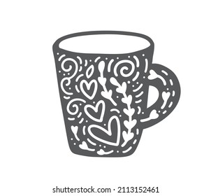 Scandinavian modern cup with flowers and blossom in hygge style. flourish vector mug element with hearts for valentine day, romantic love greeting card, holiday.
