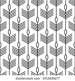 Scandinavian modern folk seamless vector pattern with black lines, arrows and leaves on white background in minimalist geometric style