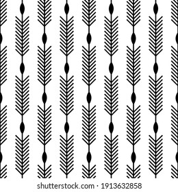 Scandinavian modern folk seamless vector pattern with black lines, arrows and leaves on white background in minimalist geometric style